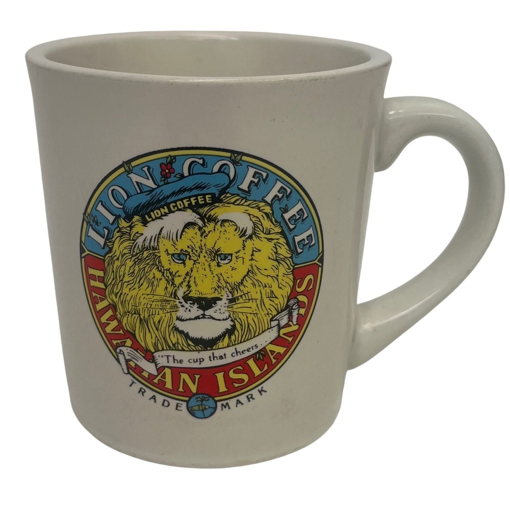 VTG Lion Coffee Hawaiian Island Heavy Ceramic Diner Mug Lion Crest Logo 80's